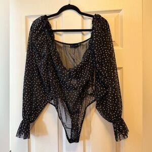 NWT Size 16 PrettyLittleThing Black Sheer Polka Dot Bodysuit